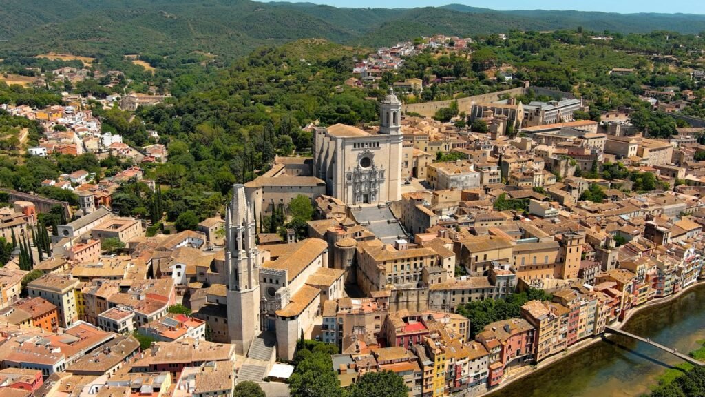 Aerial view of Girona and Church of Sant Feliu and Saint Mary Cathedral in a beautiful summer day